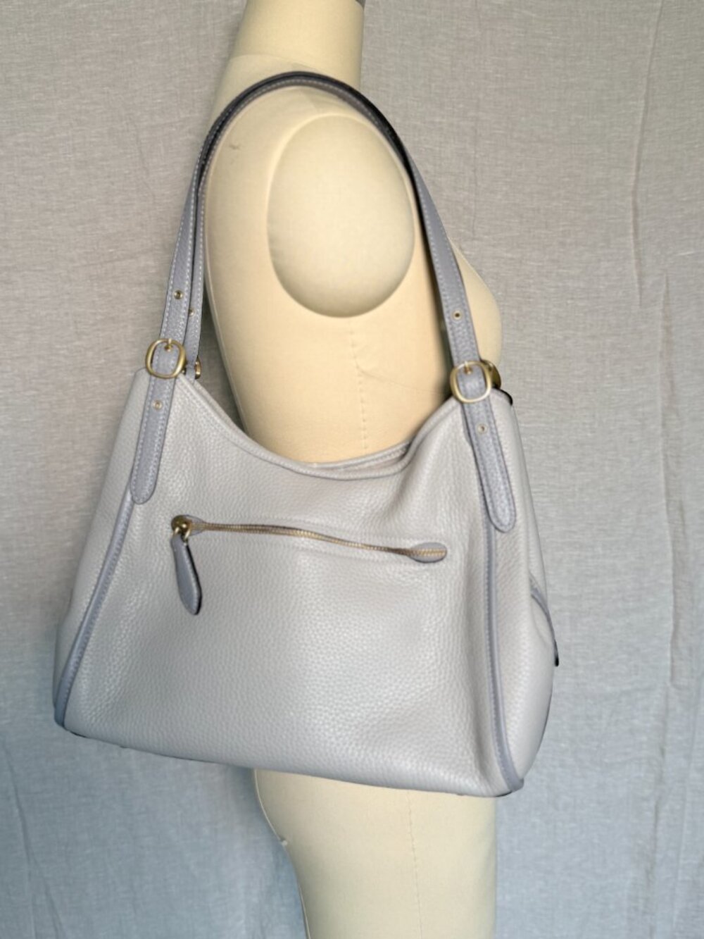 Coach Pebbled Leather Shoulder Bag | Dove Gray | Brass Hardware | Large Hobo Tot